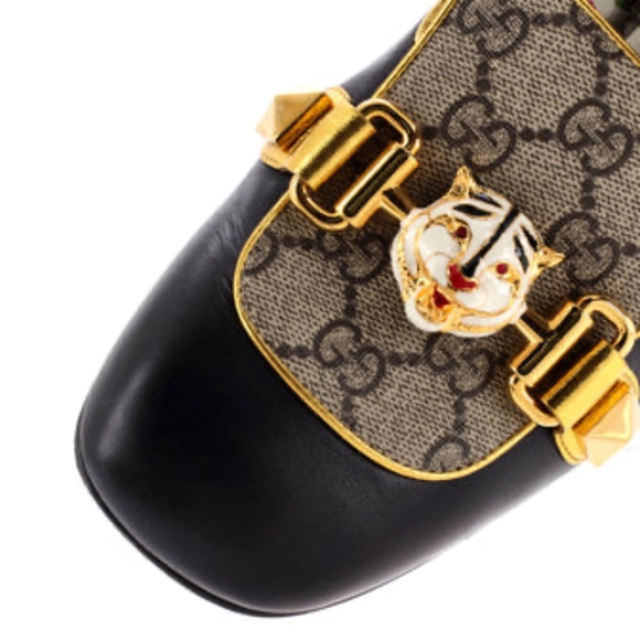 Gucci Women's Tiger Head Heeled Loafers Leather and GG Coated Canvas - Picture 4 of 9